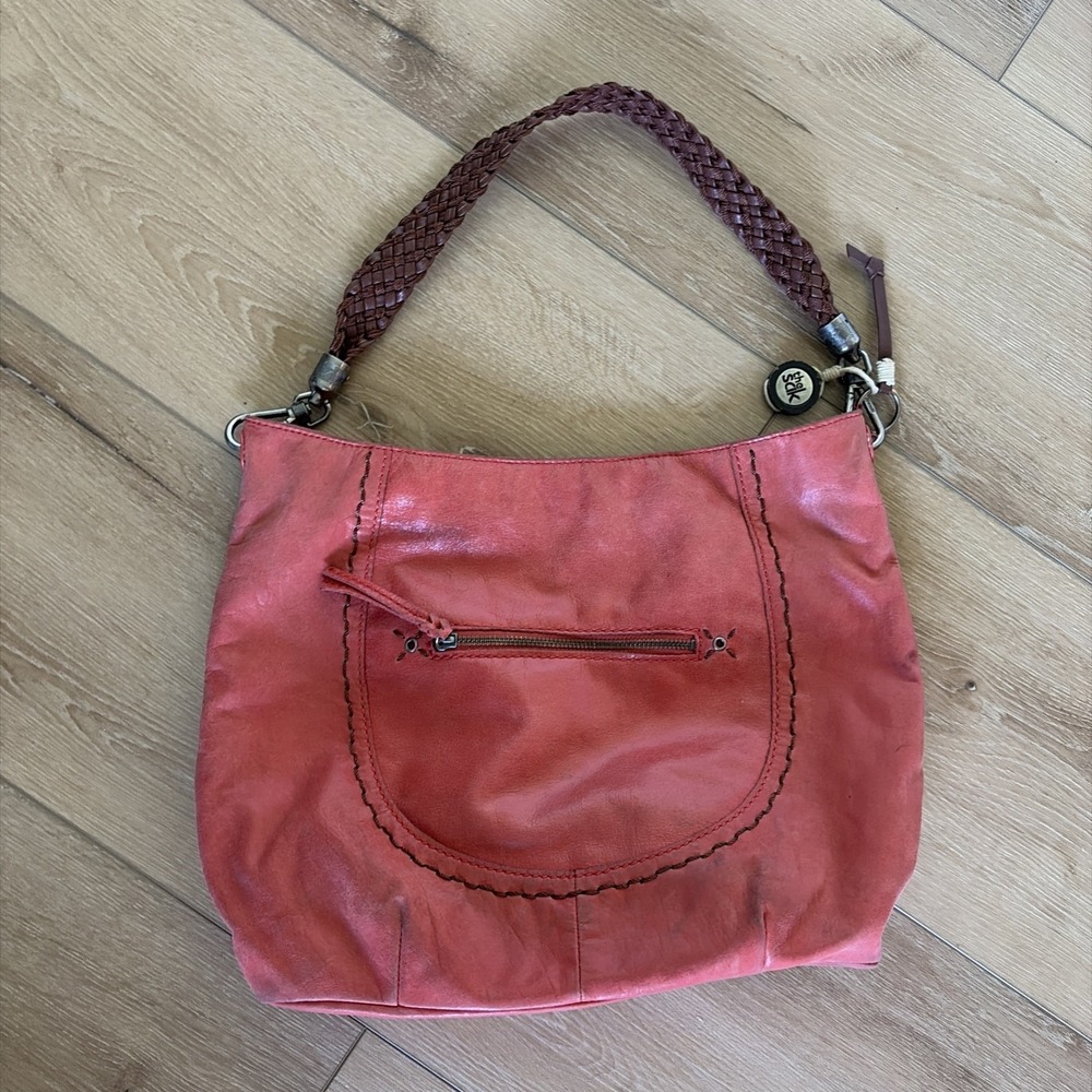 The Sak Boho Light Red Genuine Leather Braided Strap Hippie Medium Purse Bag